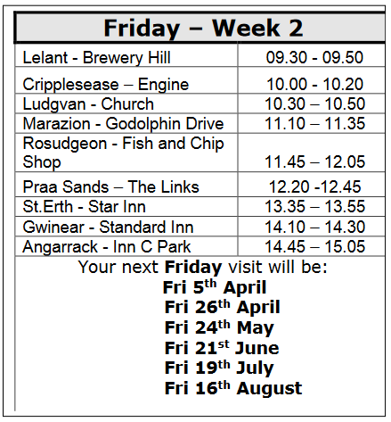 Your next Friday visit will be: 5th Apr, 26th Apr, 24th May, 21st Jun, 19th Jul, 16th Aug Your next Friday visit will be: 5th Apr, 26th Apr, 24th May, 21st Jun, 19th Jul, 16th Aug